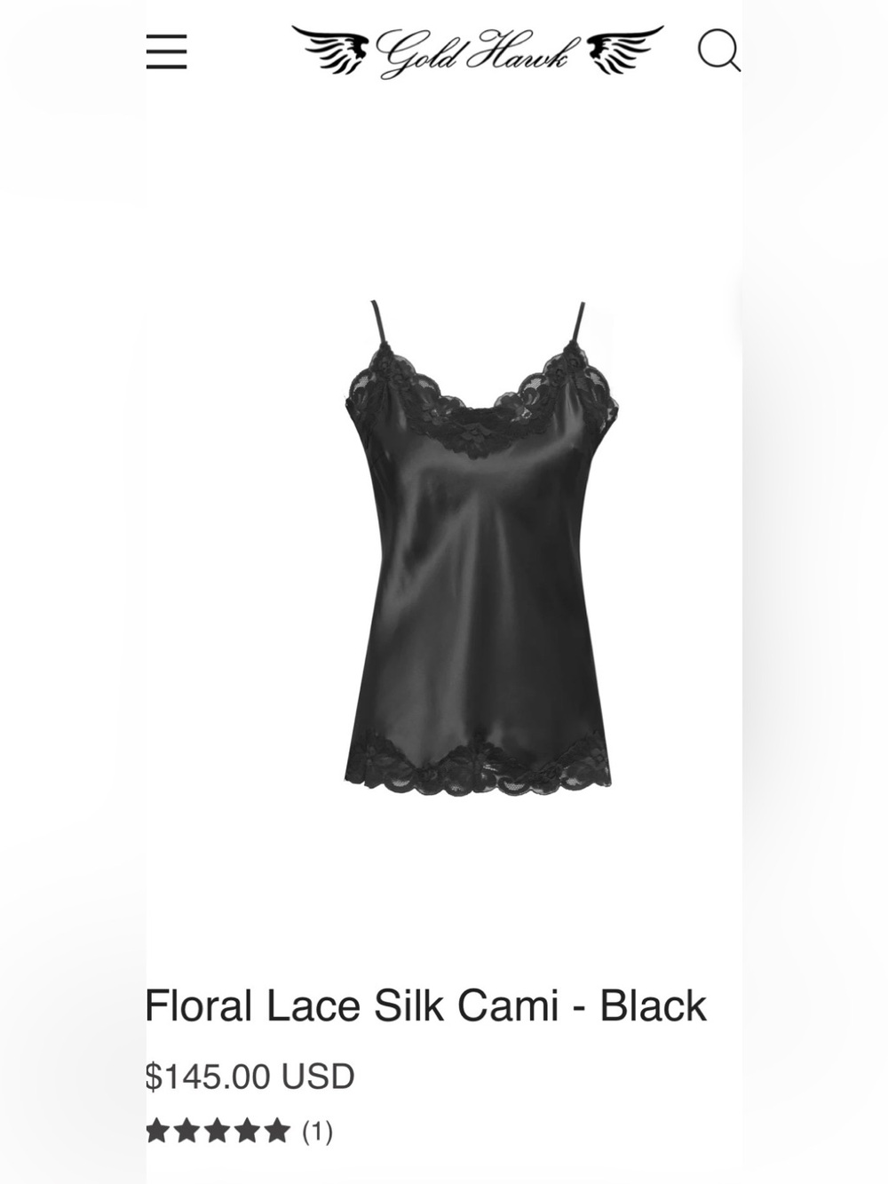 Gold Hawk Black Lace-Trim Camisole Sz L
